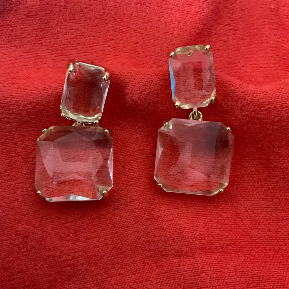Gold Double square clear crystal drop earrings